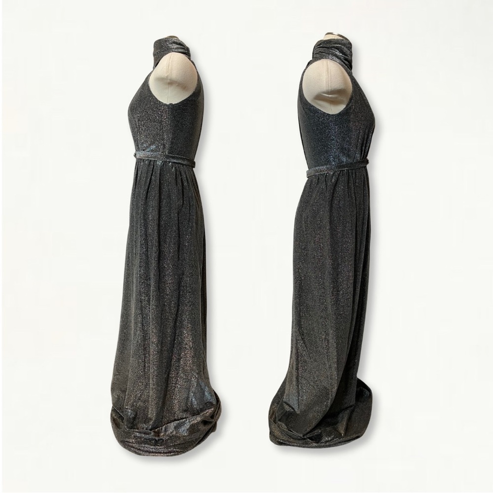Vintage 1970s Silver Metallic Studio 54 Keyhole Jewel Belted Halter Maxi Dress - Picture 8 of 15